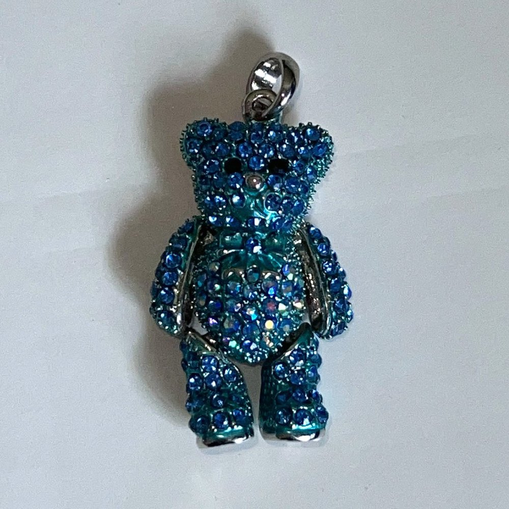 Signed CN Blue Pave AB Stones Articulated Teddy Bear Charm Pendant